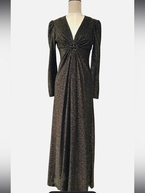 Vtg 1970s Corky Craig California Black and Gold Metallic Lurex Disco Dress S